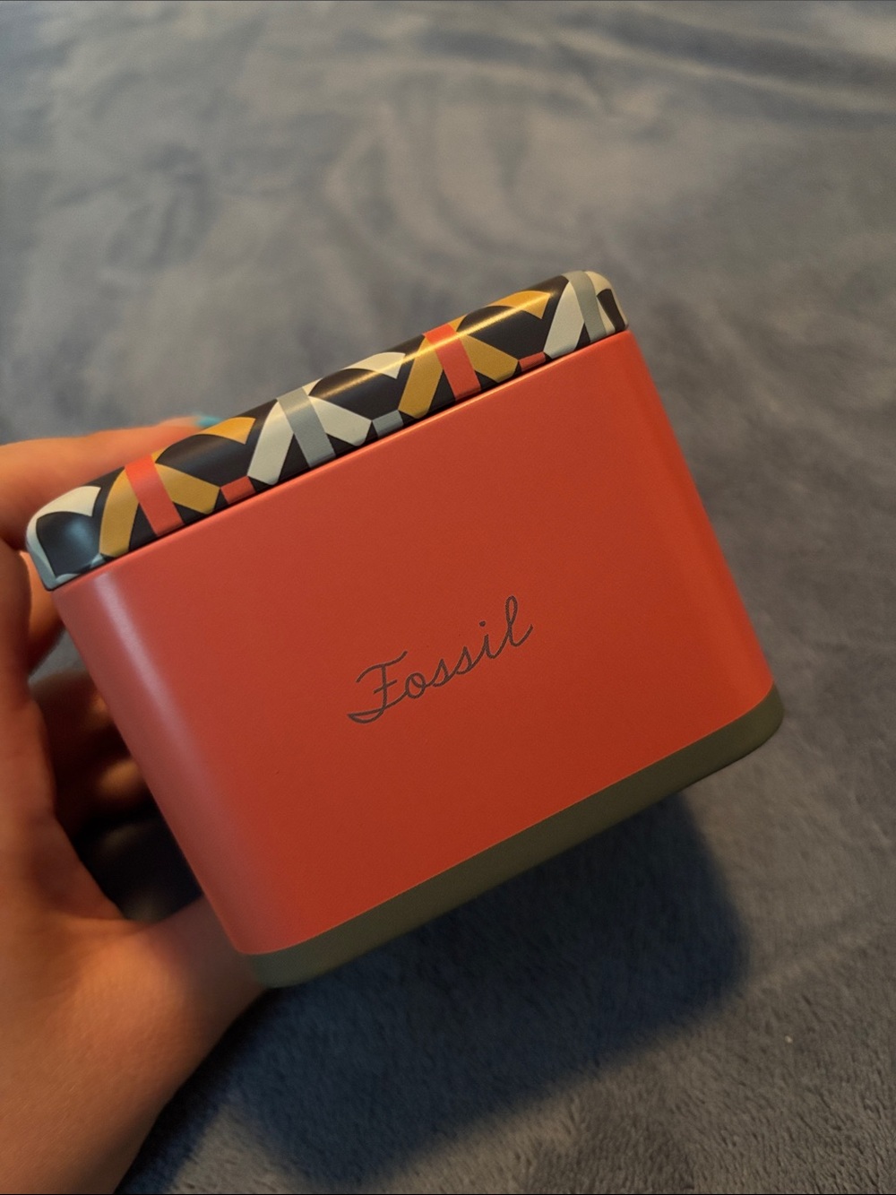 Fossil Burnt Orange Metal Accessory Tin with Patterned Lid
